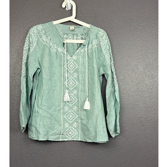 Joie Womens Blouse Boho Small 100% Linen Embroidered Pullover Green Tassels New - Picture 1 of 8